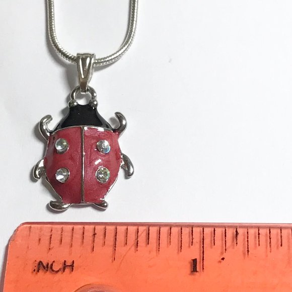 Ladybug Pendant Necklace Crystal Silver Plated 18" Chain Insect Red Enamel - Picture 11 of 12